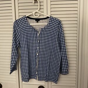 Talbots Blue and White Checkered cardigan with shell.